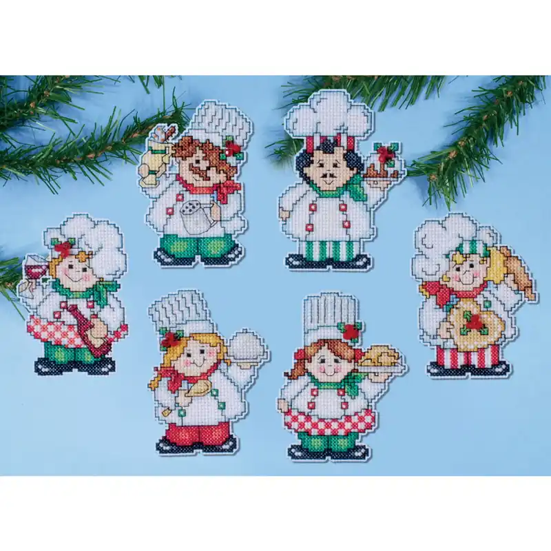 Design Works Kreuzstich Stickpackung „Weihnachtsbaum Dekoration Weihnachtliches Kochen 6er Set“, Zählmuster, 8x10cm Top-Seller