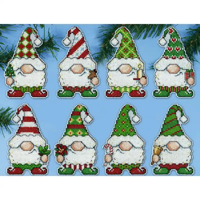 Billig Design Works Kreuzstich Stickpackung „Weihnachtsbaumschmuck Zwerge (8er-Set)“, Zählmuster, 6,5x10cm