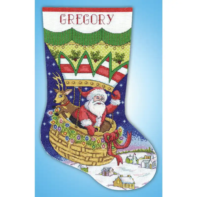 Nur Für Kurze Zeit Design Works Kreuzstich Stickpackung „Weihnachtsstrumpf Ballonfahrt“, Zählmuster, 43x30cm