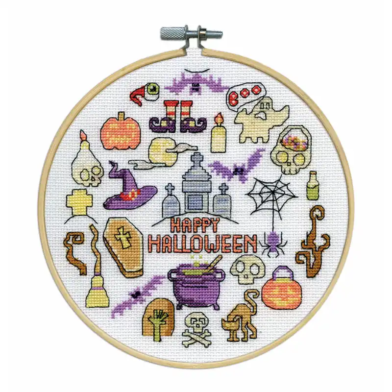 Kostenloser Versand Design Works Kreuzstich Stickpackung mit Stickrahmen „Frohes Helloween I“, Zählmuster, Diam. 20cm