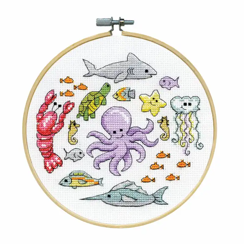 Design Works Kreuzstich Stickpackung mit Stickrahmen „Meeresleben“, Zählmuster, Diam. 15cm Kostenloser Rückversand