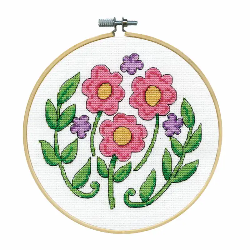 Design Works Kreuzstich Stickpackung mit Stickrahmen „Rosa Blumen“, Zählmuster, Diam. 15cm Top-Seller