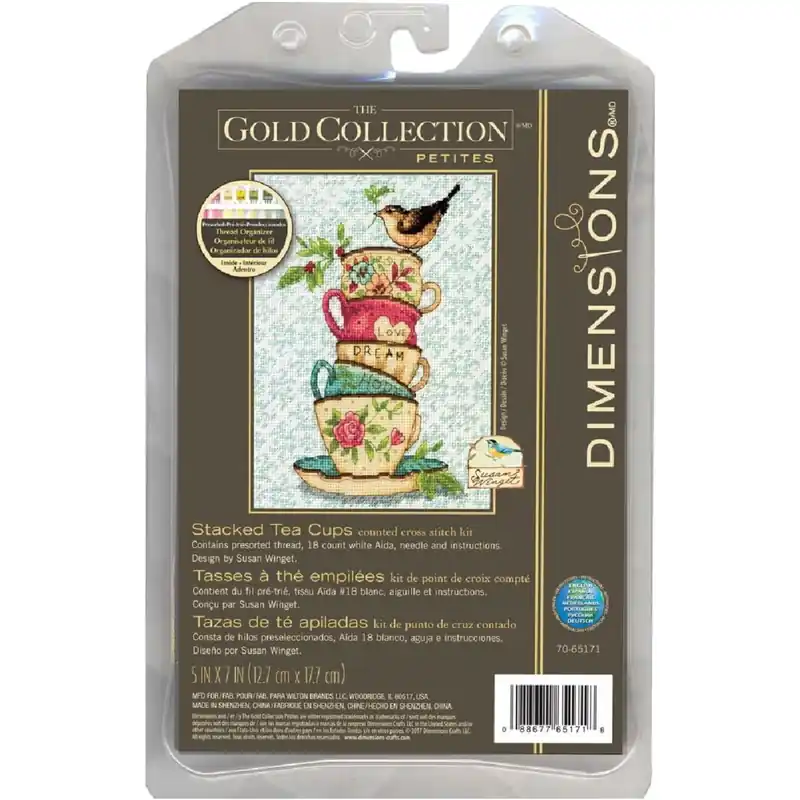 Heute Kaufen Dimensions Kreuzstich Stickpackung „Gold Collection Petites, gestapelte Teetassen“, Zählmuster, 12,7×17,7cm