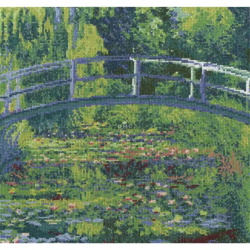 Zertifiziert DMC Kreuzstich-Set „Seerosenteich mit japanischer Brücke“ nach Claude Monet, 30×28,7cm, Zählmuster