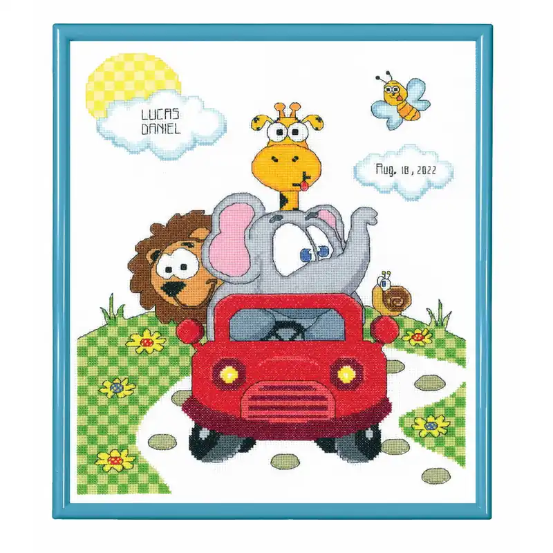 Janlynn Kreuzstich Stickpackung „Tiere Lustige Fahrt Geburtsurkunde“, Zählmuster, 28x36cm Knallerangebot