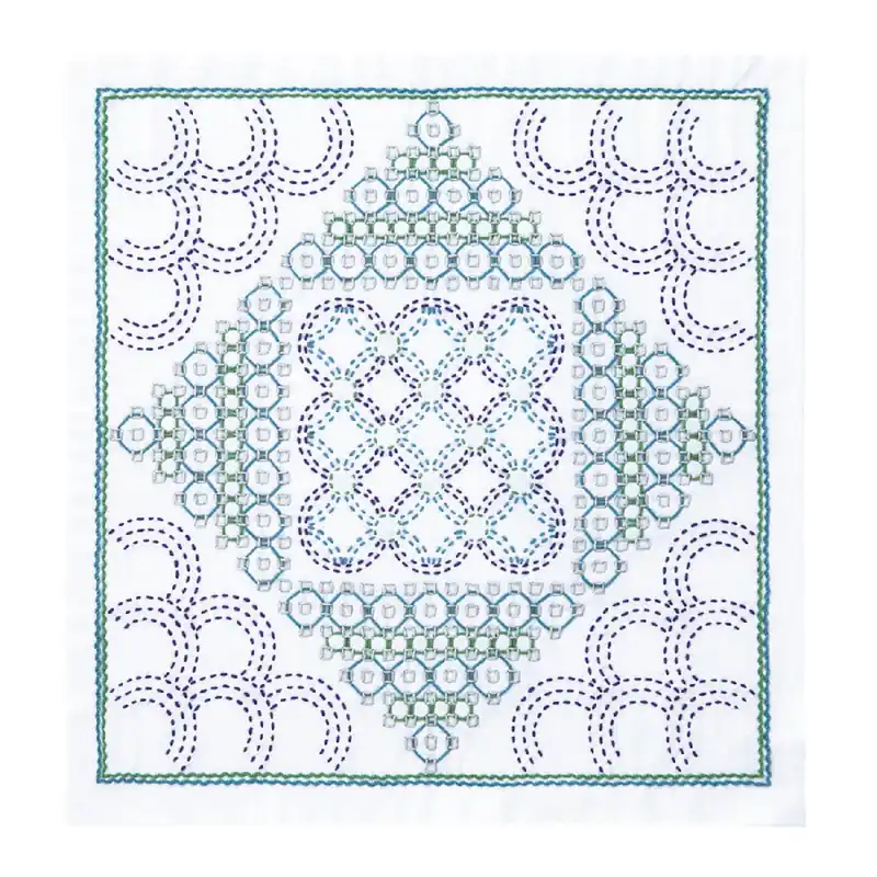 Geld-Zurück-Garantie Olympus Hitomezashi Kugurizashi Sashiko Stickpackung „Hana Fukin Drop“, Stoff bedruckt, 34x34cm, Original aus Japan