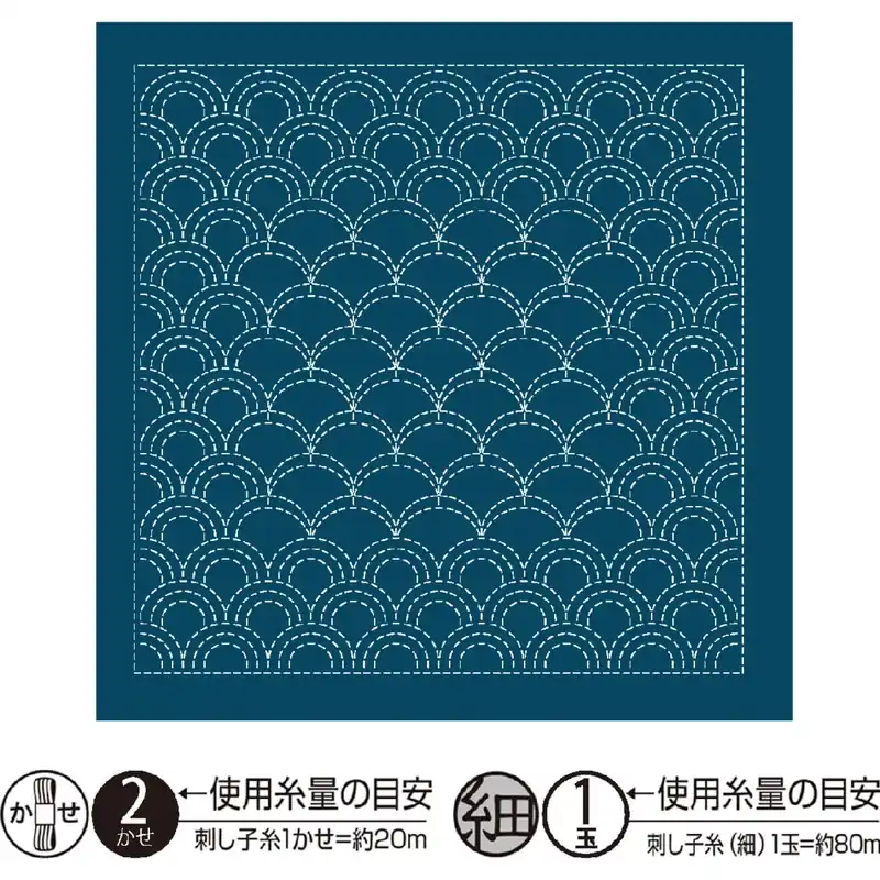 Gratis Versand Olympus Sashiko Sampler (nur Stoff) „Hana Fukin (Navy) Seigaiha Nagomi Series“, Stoff bedruckt, 33x33cm, Hergestellt in Japan