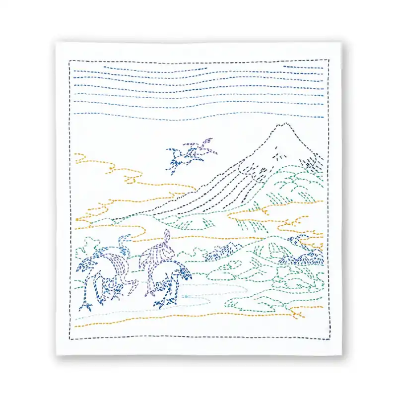 Olympus Sashiko Stickpackung „Hana Fukin Hokusai Katsushika Serie Umezawa Hamlet-Felder in der Provinz Sagami“, Stoff bedruckt, 34x34cm, Original aus Japan Neue Kollektion