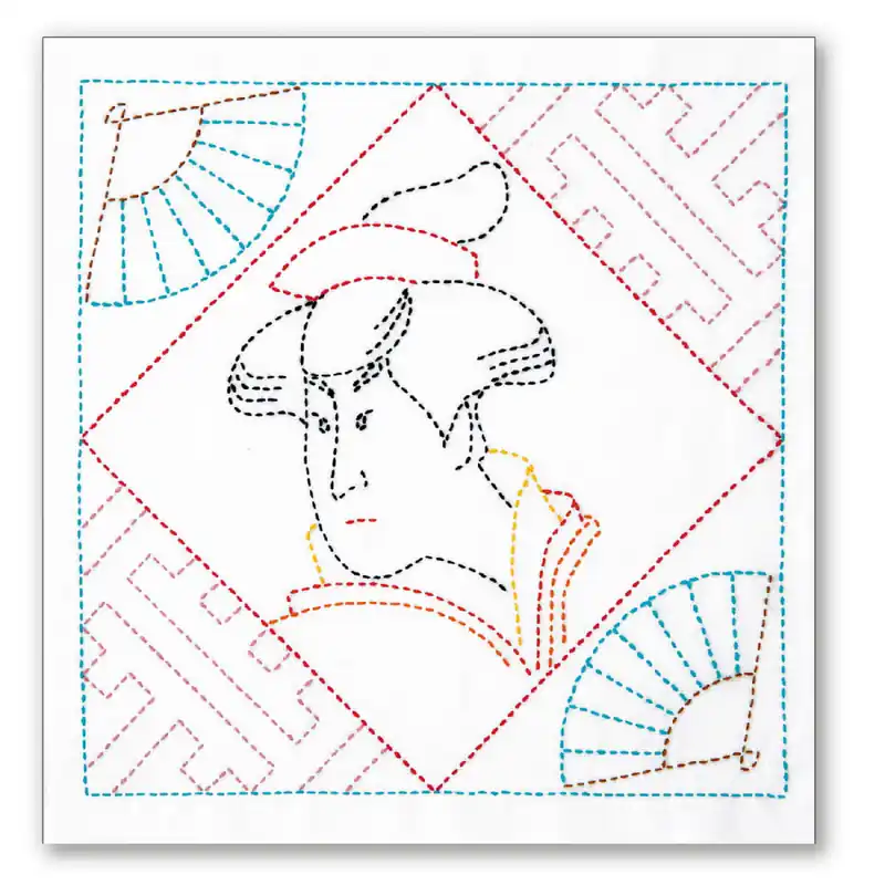 Olympus Sashiko Stickpackung „Hana Fukin Ukiyo-E Schönheit“, Stoff bedruckt, 34x34cm, Original aus Japan Abverkauf