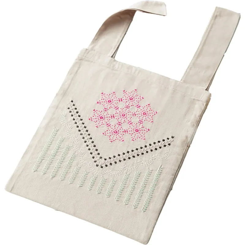 Olympus Sashiko Stickpackung „Tasche mit Beutel innen Pink Cosmos“, Stoff bedruckt, 40x32cm, Original aus Japan Ab Werk