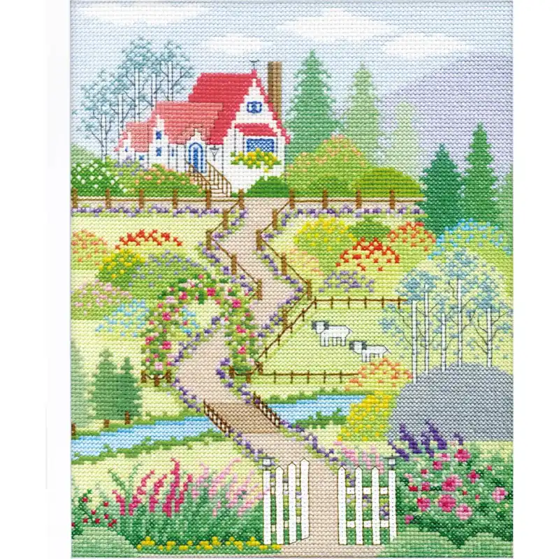 Olympus Kreuzstich Stickpackung „Haus im Blumengarten“, Zählmuster, 29,5×23,4cm Angebot