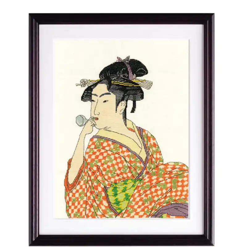 Olympus Kreuzstich Stickpackung „Junge Frau beim Blasen eines Popen-Glasgeräuschmacher von Kitagawa Utamaro“, Zählmuster, 36,5x29cm, Original aus Japan Must-Have