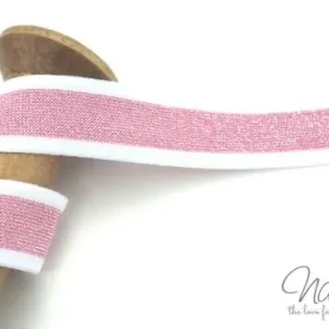 Direktkauf 1 MTR. SUPER WEICHES GLITZER LUREX BAND ROSA/WeiSS - 2,5cm