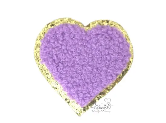 1 Stück – GLITZER HERZ FLIEDER/LILA CHENILLE PATCH Geld-Zurück-Garantie