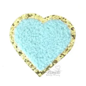 1 Stück - GLITZER HERZ TÜRKIS CHENILLE PATCH Schneller Versand