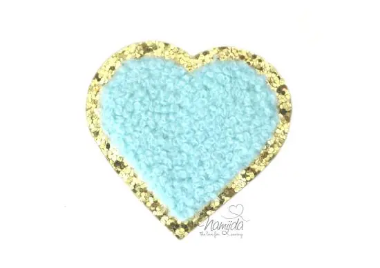 1 Stück – GLITZER HERZ TÜRKIS CHENILLE PATCH Schneller Versand