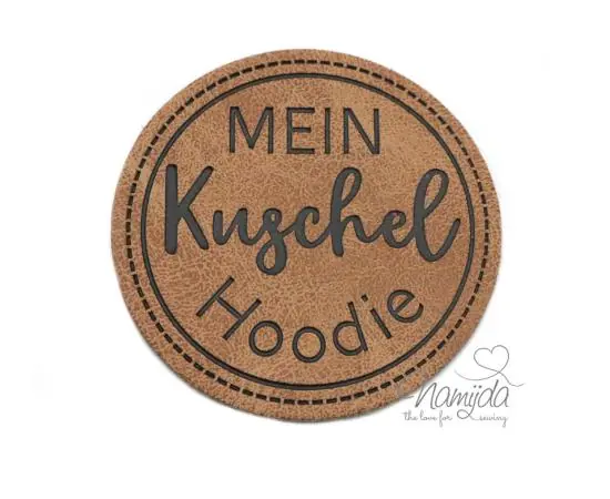 Handgefertigt 1 Stück – KuNSTLEDER LABEL – MEIN Kuschel Hoodie – AUFNÄHER MIT VORGEDRUCKTER NÄHNAHT – 40mm