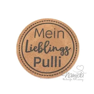 Kostenloser Rückversand 1 Stück - XL KuNSTLEDER LABEL Mein Lieblings Pulli - AUFNÄHER MIT VORGEDRUCKTER NÄHNAHT - 40mm
