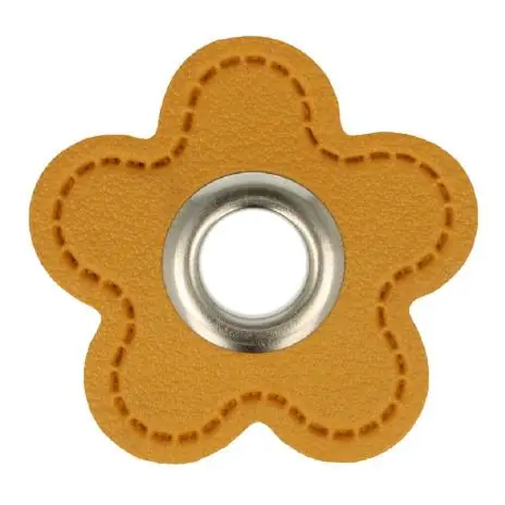 Preisreduziert 1 STÜCK KuNSTLEDER ÖSEN Patch BLUME SENF – 8mm – SILBER