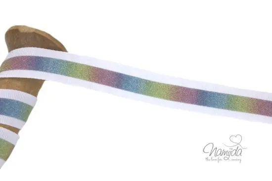 Gratis Versand 1 MTR. ♥ REFLEKTOR REGENBOGEN BAND WEISS – 20mm ♥