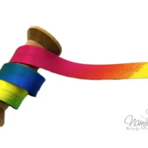 1 MTR. ♥ SATIN RAINBOW SCHRÄGBAND - LILA/BLAU/GELB - 20mm ♥ Kostenfreie Lieferung