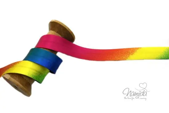 1 MTR. ♥ SATIN RAINBOW SCHRÄGBAND – LILA/BLAU/GELB – 20mm ♥ Kostenfreie Lieferung