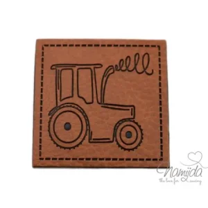1 Stück - KuNSTLEDER LABEL - Traktor - AUFNÄHER MIT VORGEDRUCKTER NÄHNAHT - 40mm x 40mm Echt