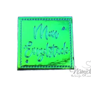 1 Stück - REFLEKTIERENDES LABEL - MEIN EINZELSTÜCK SCHIMMERND BLAU/GRÜN - AUFNÄHER MIT VORGEDRUCKTER NÄHNAHT - 40mm x 40mm Finale Aktion