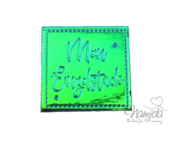 1 Stück – REFLEKTIERENDES LABEL – MEIN EINZELSTÜCK SCHIMMERND BLAU/GRÜN – AUFNÄHER MIT VORGEDRUCKTER NÄHNAHT – 40mm x 40mm Finale Aktion