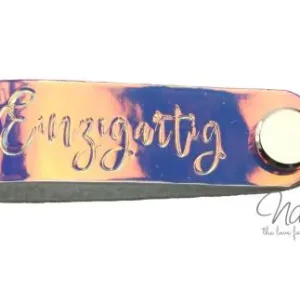 Echt 1 Stück - REFLEKTIERENDES KNiCK MiCH LABEL - EINZIGARTIG SCHIMMERND ROSE/LILA + KuPFER VERNICKELTE SCHRAUBE