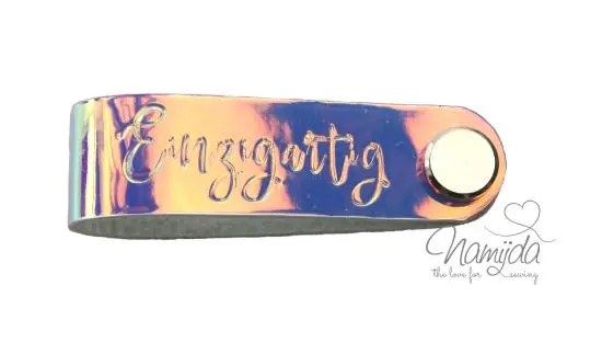 Echt 1 Stück – REFLEKTIERENDES KNiCK MiCH LABEL – EINZIGARTIG SCHIMMERND ROSE/LILA + KuPFER VERNICKELTE SCHRAUBE