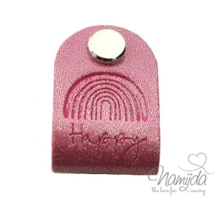 1 Stück - REFLEKTIERENDES KNiCK MiCH LABEL - RAINBOW HAPPY GLiTTER PINK + KuPFER VERNICKELTE SCHRAUBE Nur Für Kurze Zeit