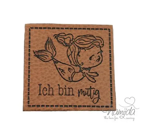 1 Stück – KuNSTLEDER LABEL – MEERJUNGFRAU – ICH BIN MUTIG – AUFNÄHER MIT VORGEDRUCKTER NÄHNAHT – 40mm x 40mm Handgefertigt