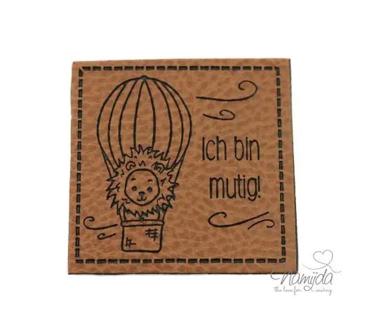 1 Stück – KuNSTLEDER LABEL – LÖWE – Ich bin mutig – – AUFNÄHER MIT VORGEDRUCKTER NÄHNAHT – 40mm x 40mm – Angebot