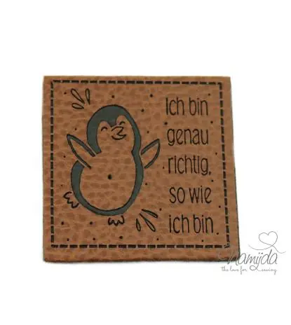 Heute Kaufen 1 Stück – KuNSTLEDER LABEL – PINGUIN – Ich bin genau…- AUFNÄHER MIT VORGEDRUCKTER NÄHNAHT – 40mm x 40mm