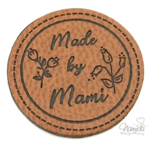 Letzte Chance 1 Stück - KuNSTLEDER LABEL - MADE BY MAMI - AUFNÄHER MIT VORGEDRUCKTER NÄHNAHT - Kreis 45mm