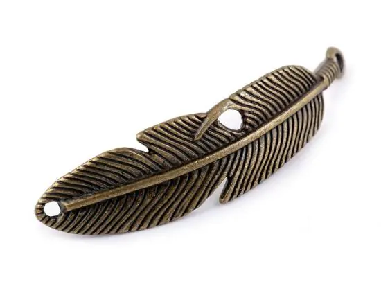 Preisreduziert 1 Stück – FEDER Anhänger – ALTMESSING – 15x55mm