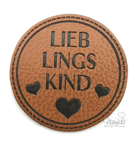 1 Stück – KuNSTLEDER LABEL – KREIS LIEB LINGS KIND – AUFNÄHER MIT VORGEDRUCKTER NÄHNAHT – 50mm Kostenfreie Lieferung