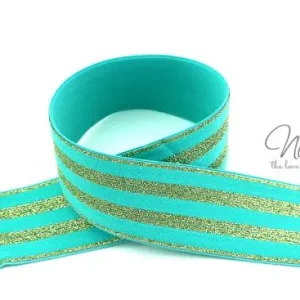 Expressversand 1 MTR. GLITZER GuMMIBAND STRIPES - MINT/GoLD - 4cm
