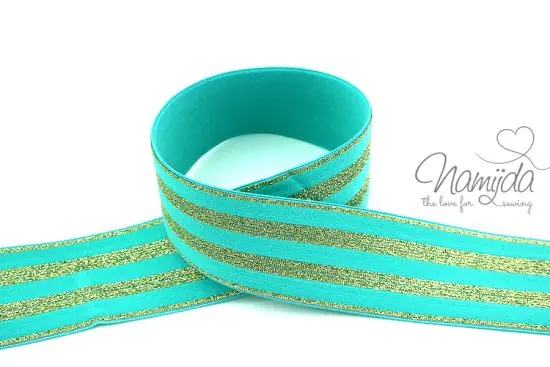 Expressversand 1 MTR. GLITZER GuMMIBAND STRIPES – MINT/GoLD – 4cm