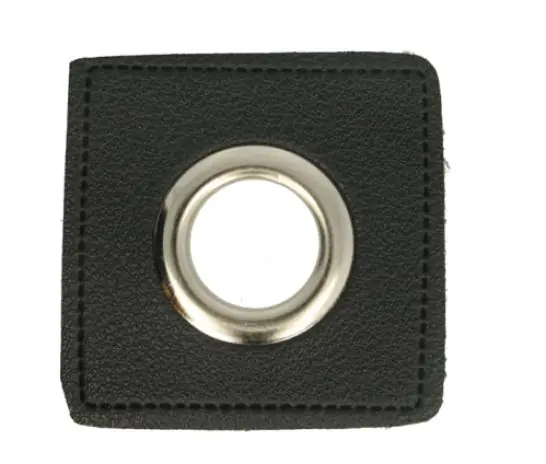 1 STÜCK KuNSTLEDER ÖSEN Patch SCHWARZ – 14mm – SILBER Weltweiter Versand