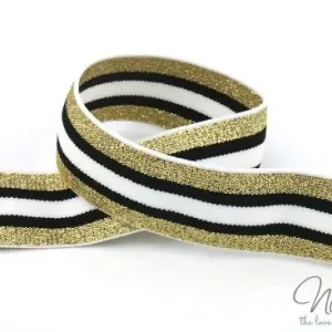 Zertifiziert 1 MTR. GLiTTER CONTRAST STRIPES - GOLD-SCHwARZ-WeiSS - 3cm - elastisch