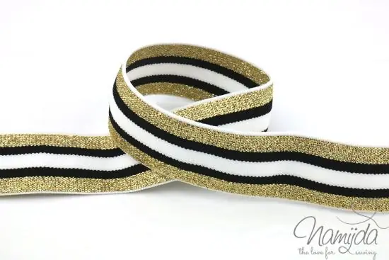Zertifiziert 1 MTR. GLiTTER CONTRAST STRIPES – GOLD-SCHwARZ-WeiSS – 3cm – elastisch