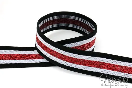 Heißes Angebot 1 MTR. GLiTTER CONTRAST STRIPES – SCHwARZ-WeiSS-RoT – 3cm – elastisch