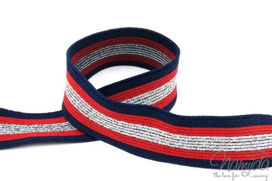 Original 1 MTR. GLiTTER CONTRAST STRIPES – NAVY-RoT-SILBER – 3cm – elastisch