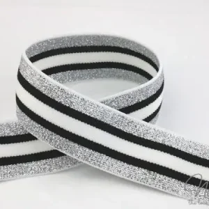 Top-Qualität 1 MTR. GLiTTER CONTRAST STRIPES - SILBER-SCHwARZ-WeiSS - 3cm - elastisch