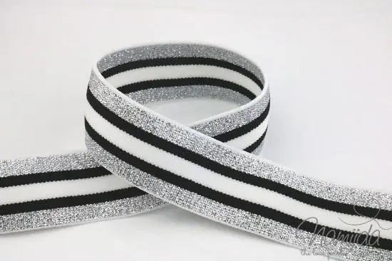 Top-Qualität 1 MTR. GLiTTER CONTRAST STRIPES – SILBER-SCHwARZ-WeiSS – 3cm – elastisch