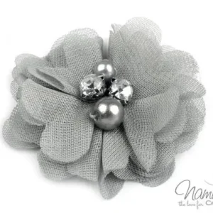 1 Stck. ♥ SATINBLüTE PERLE & KRISTALLSTEINCHEN - GRAU - 5cm ♥ Markenware