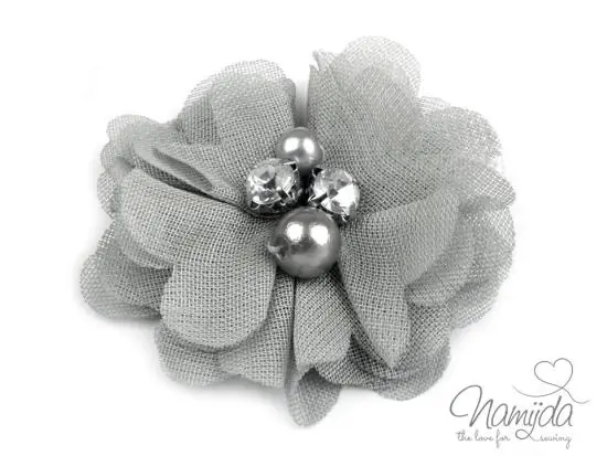 1 Stck. ♥ SATINBLüTE PERLE & KRISTALLSTEINCHEN – GRAU – 5cm ♥ Markenware