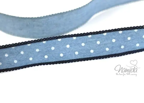 1 MTR. ♥Jeans Band mit Spitze / gepunktet / Hellblau mit dunkler Spitze – 25mm♥ Heißes Angebot